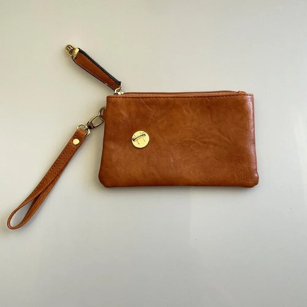 NEW COGNAC BROWN FAUX LEATHER WRISTLET CLUTCH BAG PHONE MAKEUP POUCH NWOT